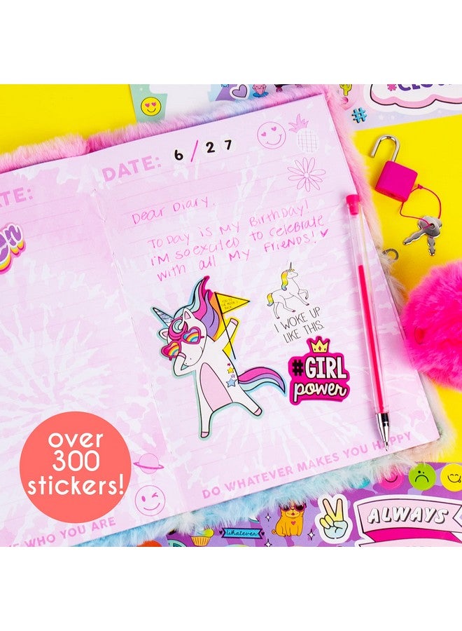 Just My Style Just My Style Tie-Dye Fuzzy Diary by Horizon Group USA, Hardcover Diary with Lock & Key, Decorate with 300+ Stickers, Includes Pen with Fuzzy Cap & Soft Tie-Dye Cover, Multi (207906J)  - Image 3