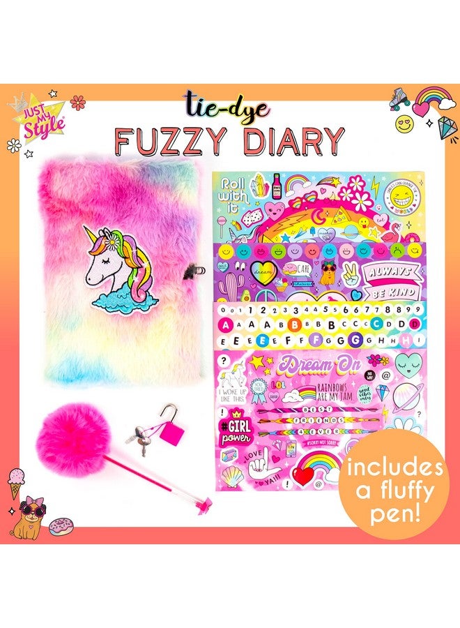 Just My Style Just My Style Tie-Dye Fuzzy Diary by Horizon Group USA, Hardcover Diary with Lock & Key, Decorate with 300+ Stickers, Includes Pen with Fuzzy Cap & Soft Tie-Dye Cover, Multi (207906J)  - Image 2