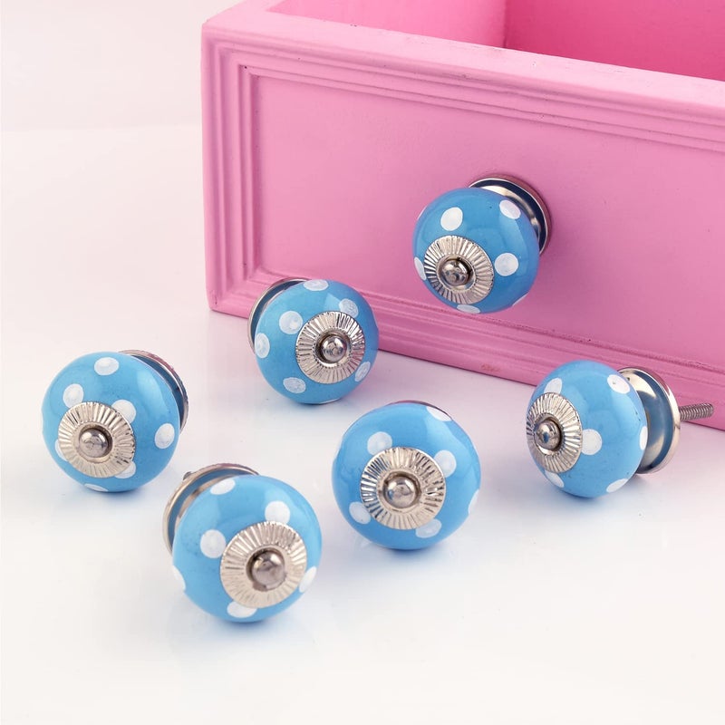 Indian-Shelf IndianShelf Pack of 6 Turquoise Dresser Knob Ceramic Door Handles Round Drawer Pull Dotted Door Pull Drawer Knob Cupboard Door Knobs Cabinet Knobs Unique Drawer Knobs Vintage