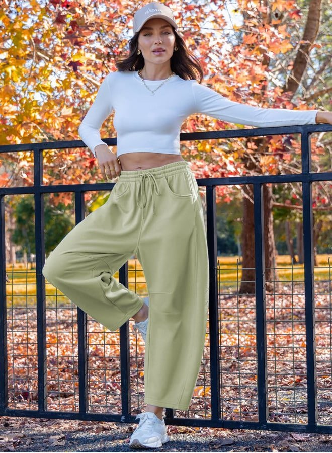 TARSE Women's Drawstring Sweatpants Loose Fit Pants Casual Wide Leg Pants Cotton Comfy Elastic Waist Joggers with Pockets, Light Khaki Green, S - Image 2