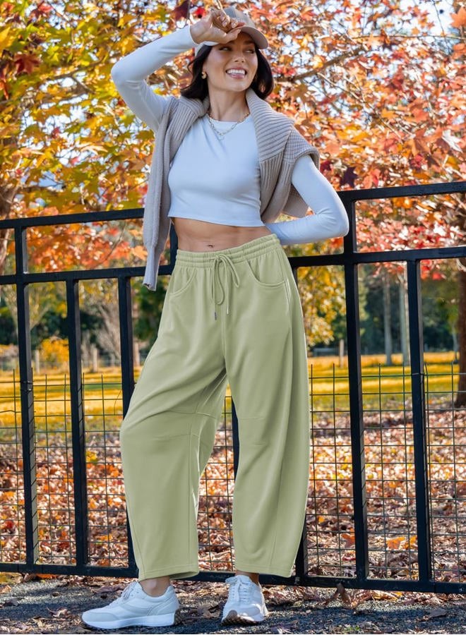 TARSE Women's Drawstring Sweatpants Loose Fit Pants Casual Wide Leg Pants Cotton Comfy Elastic Waist Joggers with Pockets, Light Khaki Green, S - Image 3