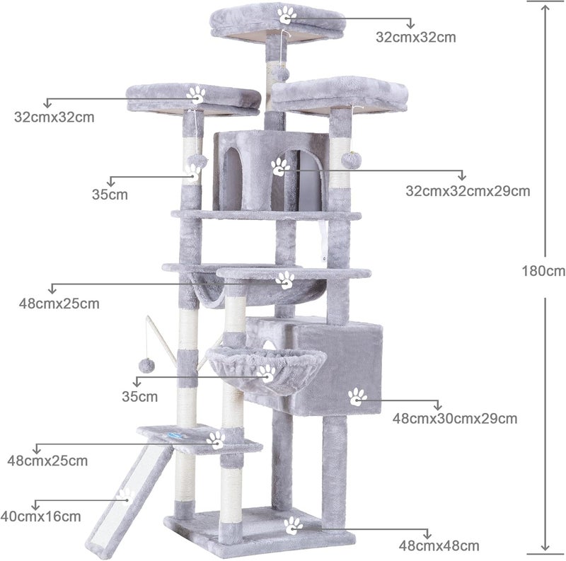 Cat Tree, 180cm(71-Inch) XL Large Cat Tower for Indoor Cats, Multi-Level Cat House with 3 Padded Perches, Big Scratcher and Scratching Posts, Light Gray MPJ034W - Image 2