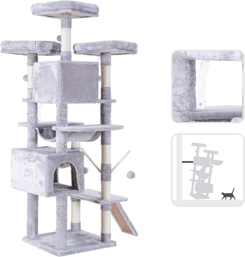 Cat Tree, 180cm(71-Inch) XL Large Cat Tower for Indoor Cats, Multi-Level Cat House with 3 Padded Perches, Big Scratcher and Scratching Posts, Light Gray MPJ034W - Image 3