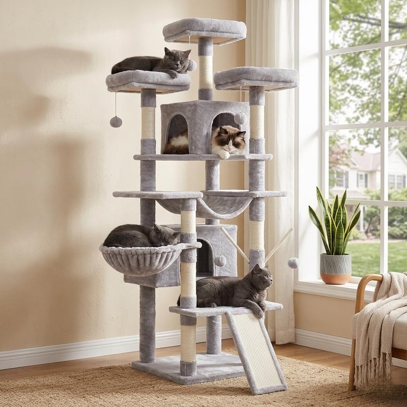 Cat Tree, 180cm(71-Inch) XL Large Cat Tower for Indoor Cats, Multi-Level Cat House with 3 Padded Perches, Big Scratcher and Scratching Posts, Light Gray MPJ034W - Image 1