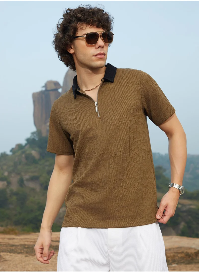 كامبوس سوترا Men's Olive Green Oblique-Block Polo T-Shirt