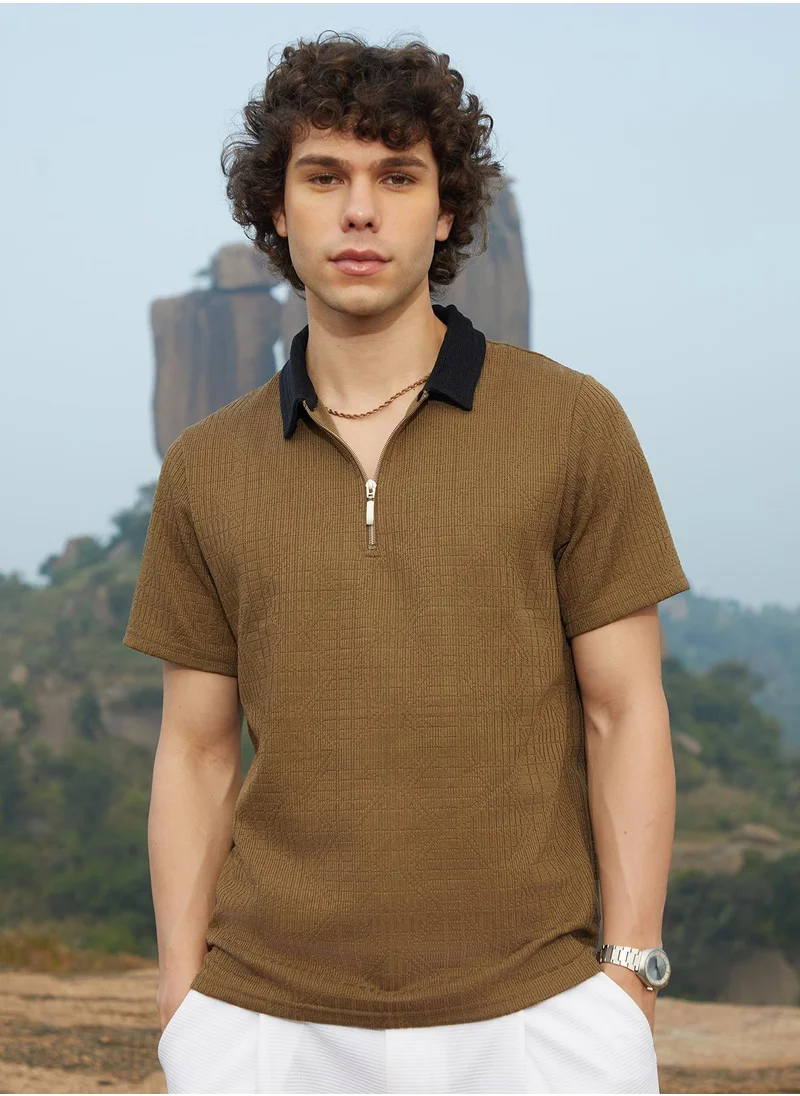 كامبوس سوترا Men's Olive Green Oblique-Block Polo T-Shirt