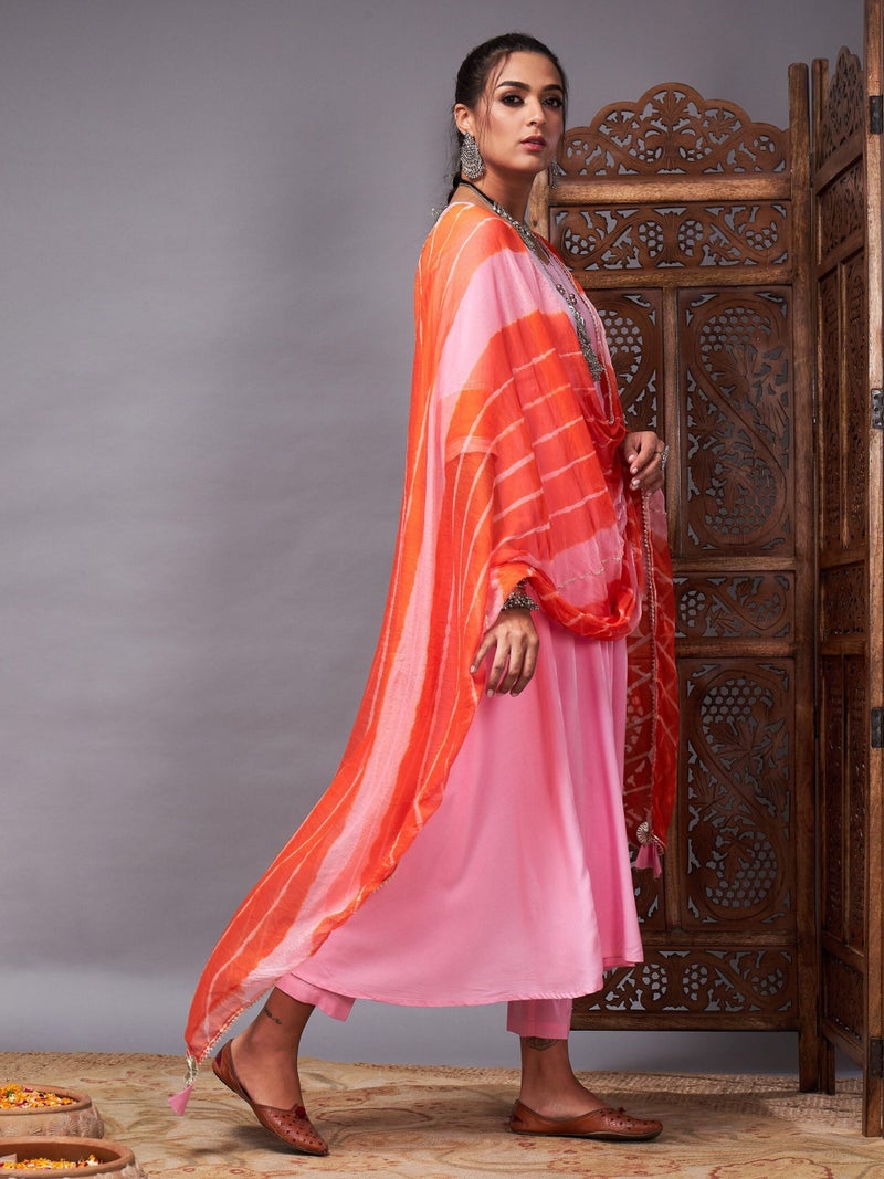 PRASHA Women Pink Kurta Set With Orange Lehariya Dupatta - Image 3