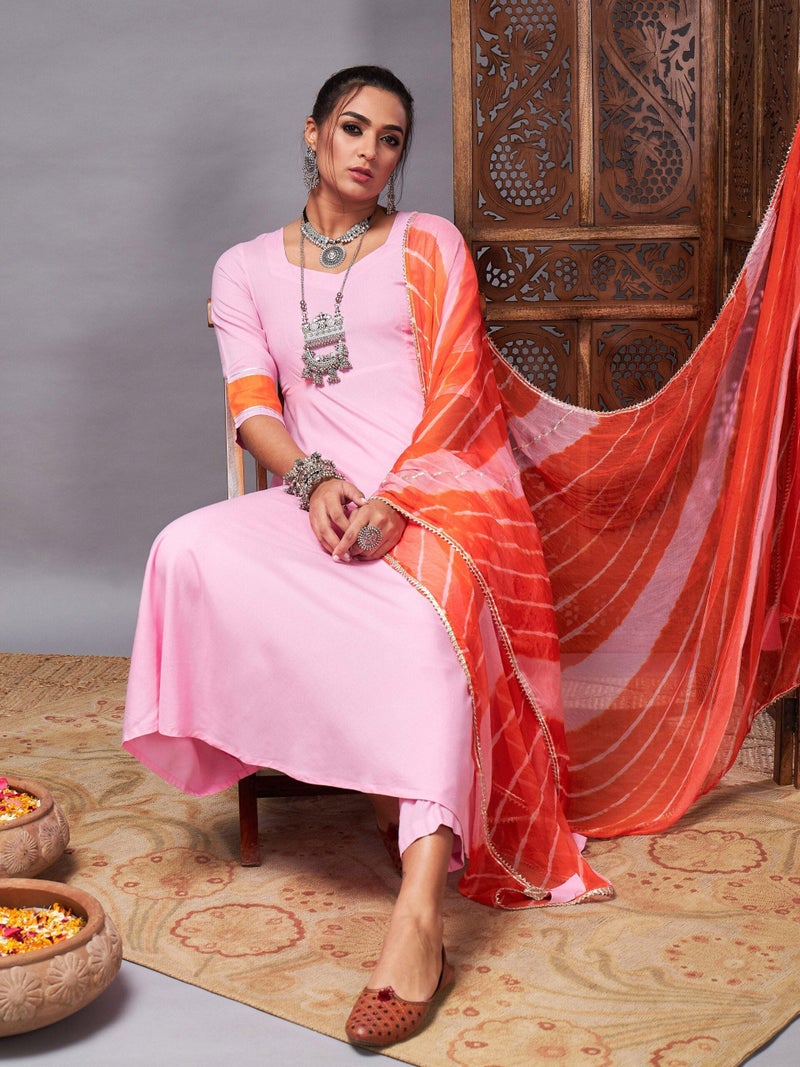 PRASHA Women Pink Kurta Set With Orange Lehariya Dupatta - Image 2
