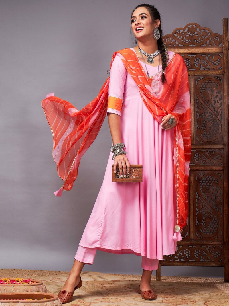 PRASHA Women Pink Kurta Set With Orange Lehariya Dupatta - Image 1