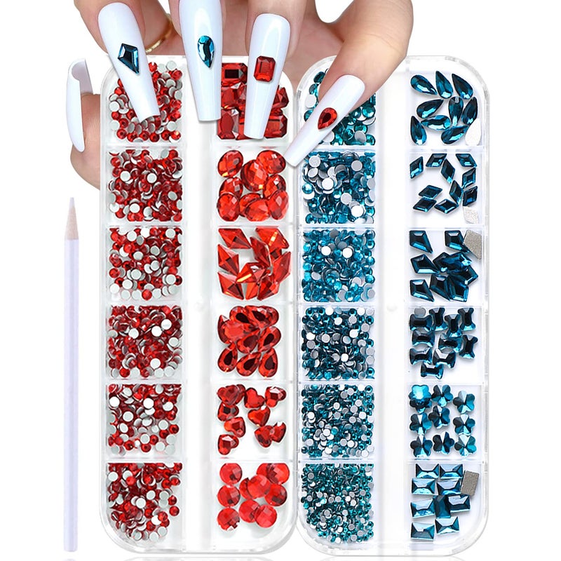 WOKOTO WOKOTO 2 Box Flat Back Indicolite and Red Nail Rhinestones and Crystals Stones for Nails Crafts With Picker Pencil  Face Gems Makeup Flatback Crystals
