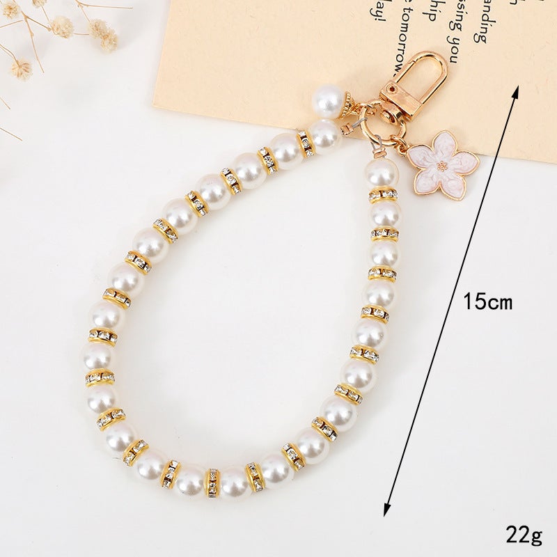 Chic Pearl Flower Bead Charm Phone Case Keychain K1958 gold diamond ring pearl chain pendant white flower