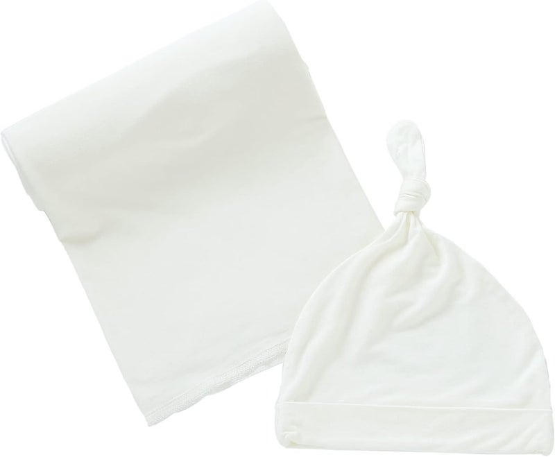 iEvolve Cotton Knitted Baby Swaddle Blanket with Hat Headband Set Newborn Swaddle Wrap Receiving Blankets for Baby Girl Boy 35 x 35White - Image 1