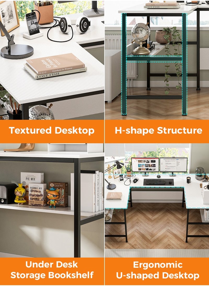 Large Gaming Table, 180cm U Shaped desk, Texture Desktop Corner Computer Desk, U Office Desk with Storage Shelves, Gaming Desk for Office and Gaming Area