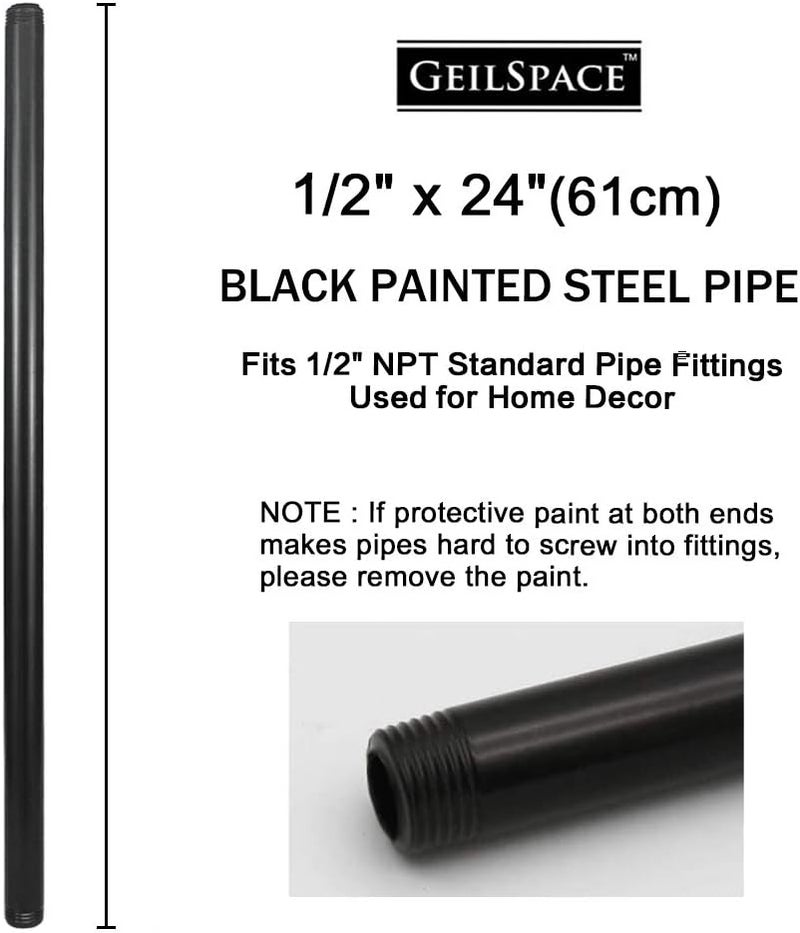 GeilSpace 6 Pack 1/2" × 24" Pre-Cut Black Metal Pipe, Industrial Steel Fits Standard Half Inch Black Threaded Pipes and Fittings - Vintage DIY Industrial Shelving (1/2" × 24") - Image 2