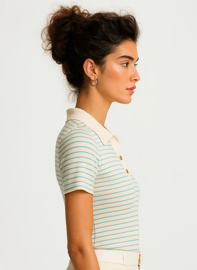 SASSAFRAS Cream & Blue Striped Polo T-Shirt for Women