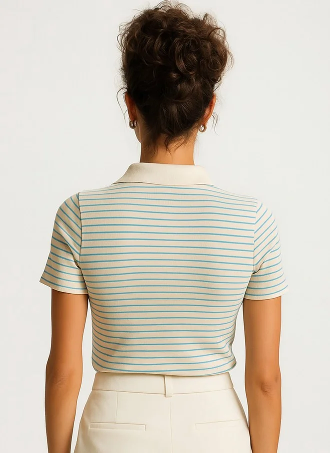 SASSAFRAS Cream & Blue Striped Polo T-Shirt for Women