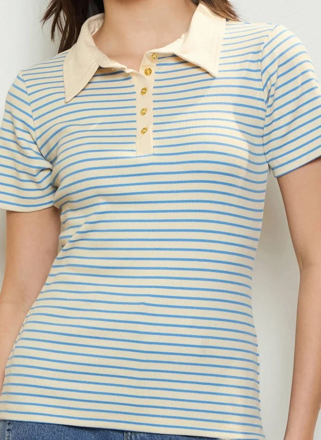 SASSAFRAS Cream & Blue Striped Polo T-Shirt for Women