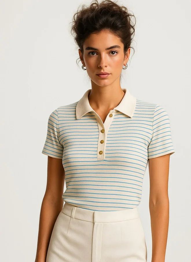 SASSAFRAS Cream & Blue Striped Polo T-Shirt for Women