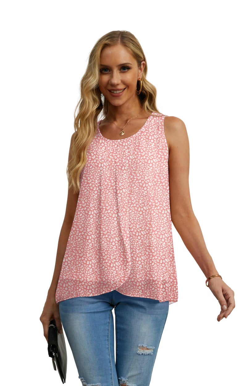 IWOLLENCE Womens Summer Tank Tops Sleeveless Chiffon Double Layers Blouse Loose Round Neck Casual Shirts Spotted Peach Pink Medium - Image 2