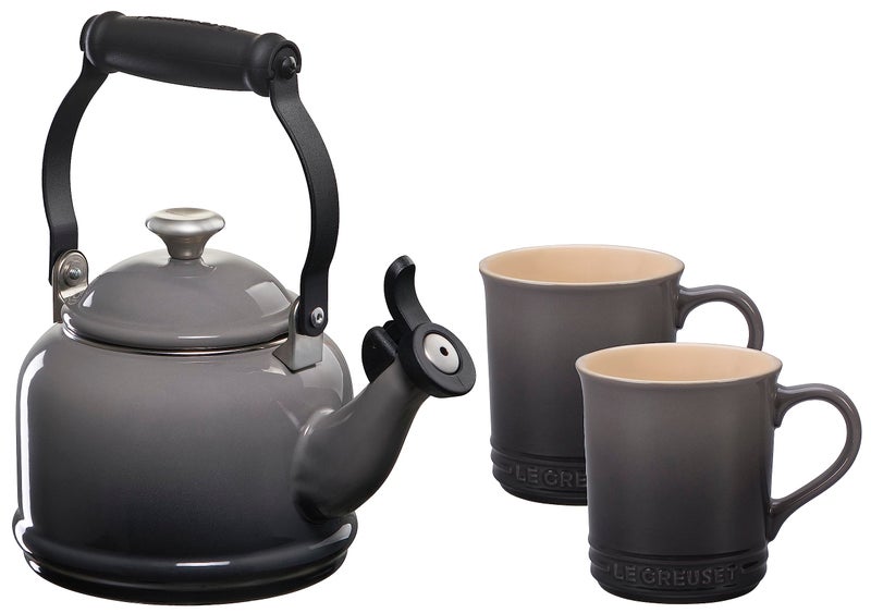 Le Creuset Enamel On Steel Demi Kettle with Metal Finishes  Stoneware Set of 2 Mugs 125 qt Kettle  2 14 oz Mugs Oyster