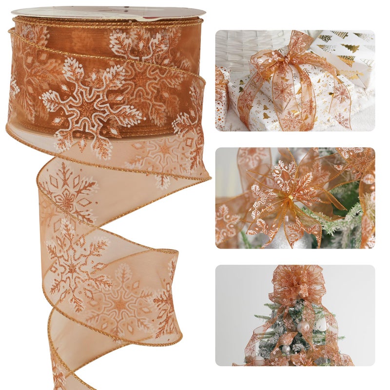 HUIHUANG Snowflake Sheer Wired Ribbon Burnt Orange Glitter Wire Ribbon for Christmas Tree Bows Making Wreaths Gift Wrapping Garlands Fall Decor Continuous 25 Yards - Image 3