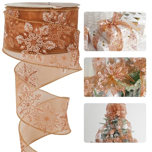 HUIHUANG Snowflake Sheer Wired Ribbon Burnt Orange Glitter Wire Ribbon for Christmas Tree Bows Making Wreaths Gift Wrapping Garlands Fall Decor Continuous 25 Yards - Image 1
