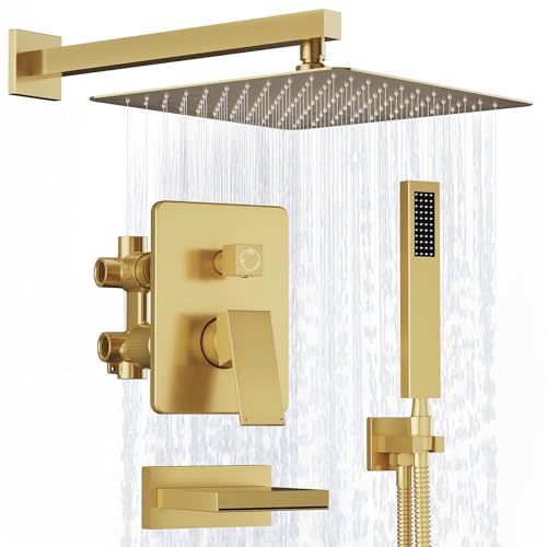 Kurpot Brushed Gold Shower System, All Metal Gold Shower Faucet Set with Tub Spout, 10'' Gold Shower Head with Handheld, 59'' Shower Hose, Shower Valve and Diverter, Wall Mounted Bath Tub Faucet Set - Image 1
