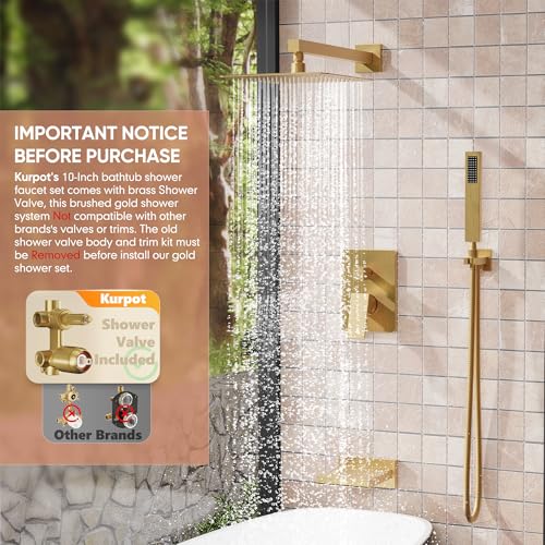 Kurpot Brushed Gold Shower System, All Metal Gold Shower Faucet Set with Tub Spout, 10'' Gold Shower Head with Handheld, 59'' Shower Hose, Shower Valve and Diverter, Wall Mounted Bath Tub Faucet Set - Image 3