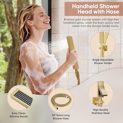 Kurpot Brushed Gold Shower System, All Metal Gold Shower Faucet Set with Tub Spout, 10'' Gold Shower Head with Handheld, 59'' Shower Hose, Shower Valve and Diverter, Wall Mounted Bath Tub Faucet Set - Image 5