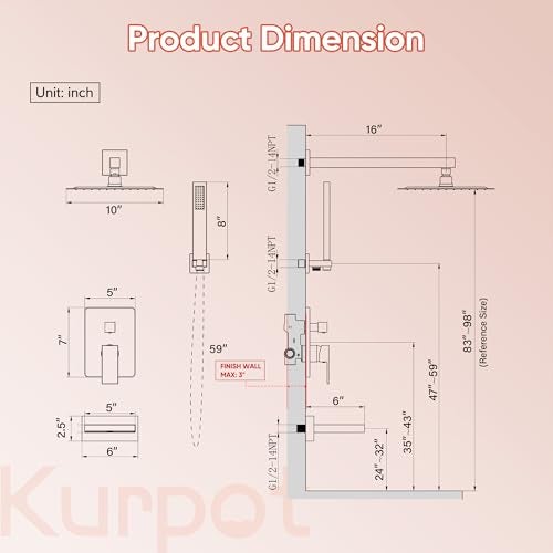 Kurpot Brushed Gold Shower System, All Metal Gold Shower Faucet Set with Tub Spout, 10'' Gold Shower Head with Handheld, 59'' Shower Hose, Shower Valve and Diverter, Wall Mounted Bath Tub Faucet Set - Image 2