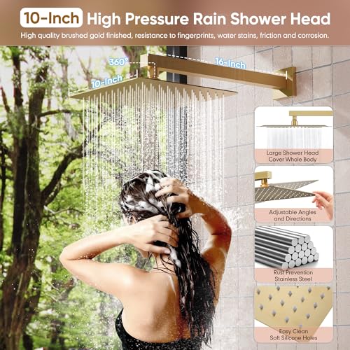 Kurpot Brushed Gold Shower System, All Metal Gold Shower Faucet Set with Tub Spout, 10'' Gold Shower Head with Handheld, 59'' Shower Hose, Shower Valve and Diverter, Wall Mounted Bath Tub Faucet Set - Image 4