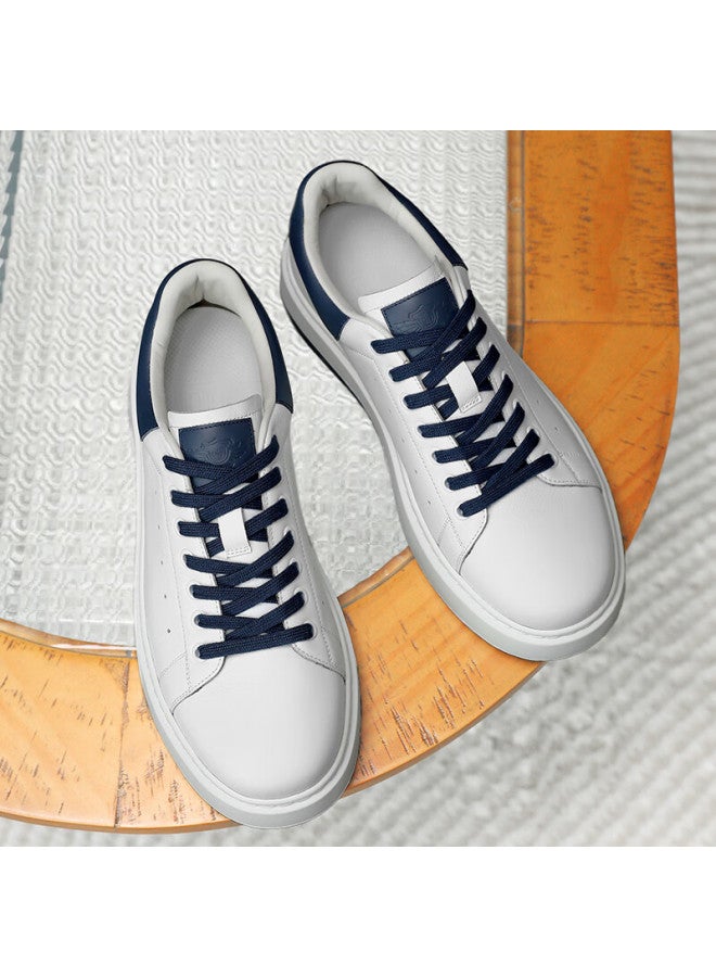 Desai New Technology Non-slip Wear-resistant Casual Sneakers, Genuine Leather White Shoes, Memory Sole Heightening Men's Shoes, White And Blue, Size 39 - Image 1