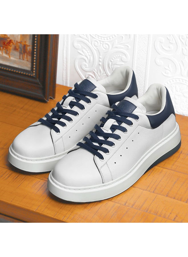 Desai New Technology Non-slip Wear-resistant Casual Sneakers, Genuine Leather White Shoes, Memory Sole Heightening Men's Shoes, White And Blue, Size 39 - Image 3