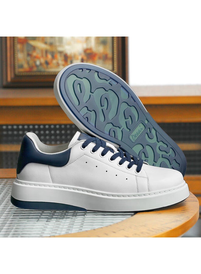 Desai New Technology Non-slip Wear-resistant Casual Sneakers, Genuine Leather White Shoes, Memory Sole Heightening Men's Shoes, White And Blue, Size 39 - Image 2