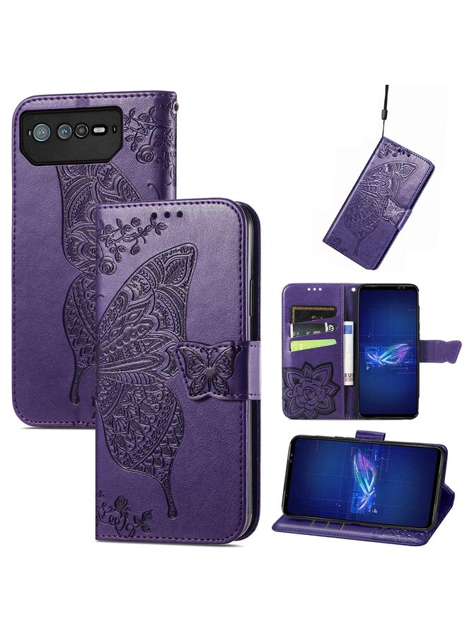 اس-توب جراب لهاتف Asus ROG Phone 6 من الجلد المنقوش بنقشة زهور الحب على شكل فراشة - Image 1