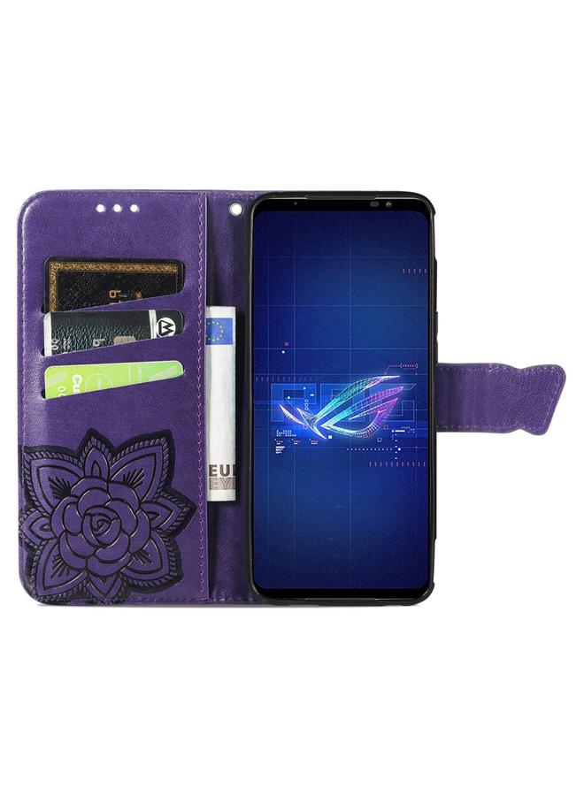 اس-توب جراب لهاتف Asus ROG Phone 6 من الجلد المنقوش بنقشة زهور الحب على شكل فراشة - Image 3