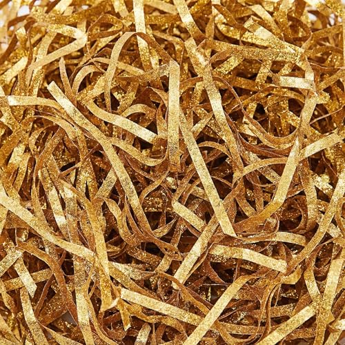 LJY Golden Glitter Raffia Paper Shreds, 100g Crinkle Cut Filler for Gift Wrapping, Basket Filling, Wedding Decorations, Party Supplies, and DIY Crafts Shredded Confetti Strands