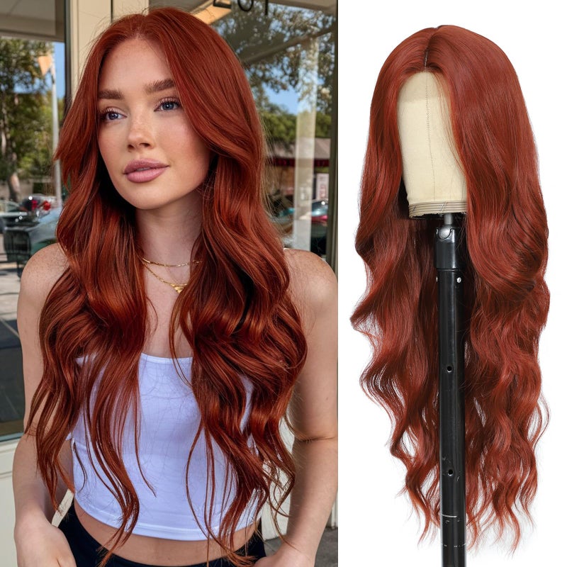 Angzon Long Auburn Wavy Wig for Women 26 Inch Auburn Middle Part Curly Synthetic Hair Wig Natural Look Heat Resistant Fiber for Daily Party Use - Image 1