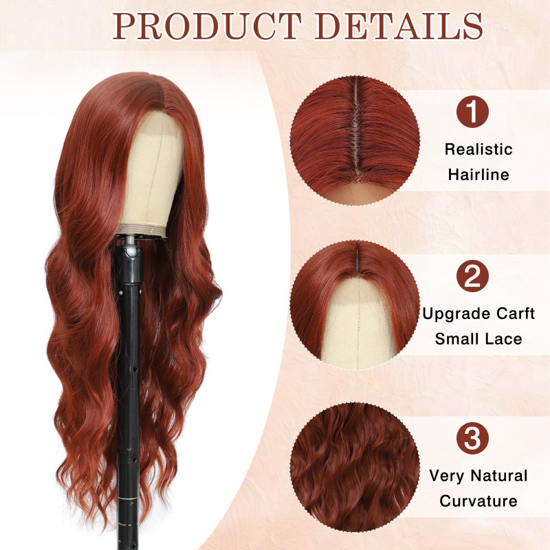 Angzon Long Auburn Wavy Wig for Women 26 Inch Auburn Middle Part Curly Synthetic Hair Wig Natural Look Heat Resistant Fiber for Daily Party Use - Image 4