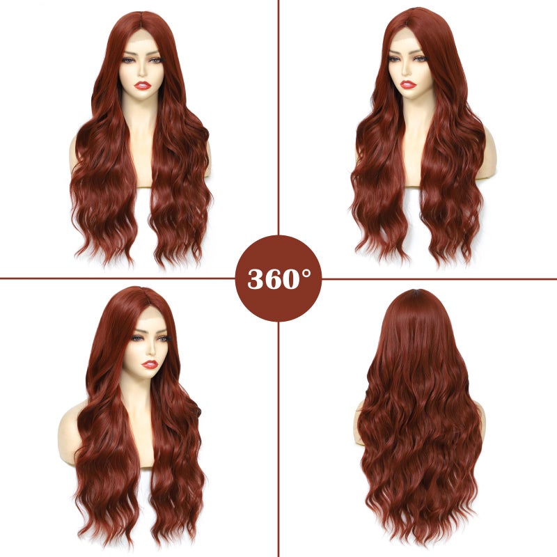 Angzon Long Auburn Wavy Wig for Women 26 Inch Auburn Middle Part Curly Synthetic Hair Wig Natural Look Heat Resistant Fiber for Daily Party Use - Image 3