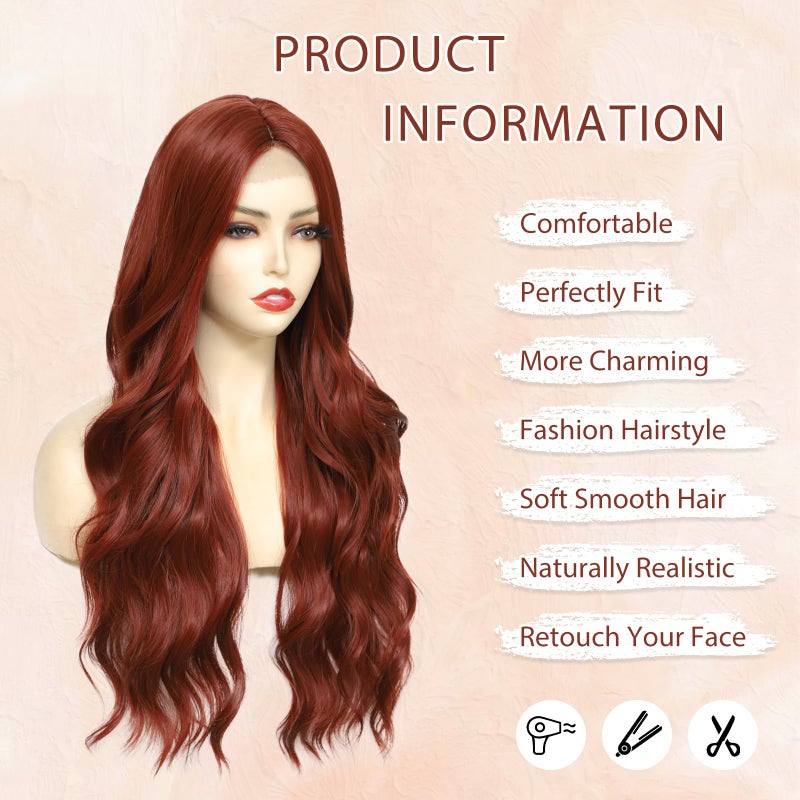 Angzon Long Auburn Wavy Wig for Women 26 Inch Auburn Middle Part Curly Synthetic Hair Wig Natural Look Heat Resistant Fiber for Daily Party Use - Image 2