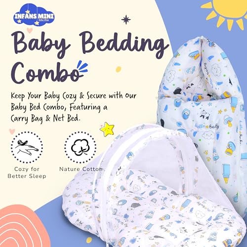 Infans Mini Cotton Baby Bedding Set for New Born Baby Sleeping Bag, Mosquito Net Bed Suitable Upto 6 Months Babies (Panda Blue), 500 TC - Image 2