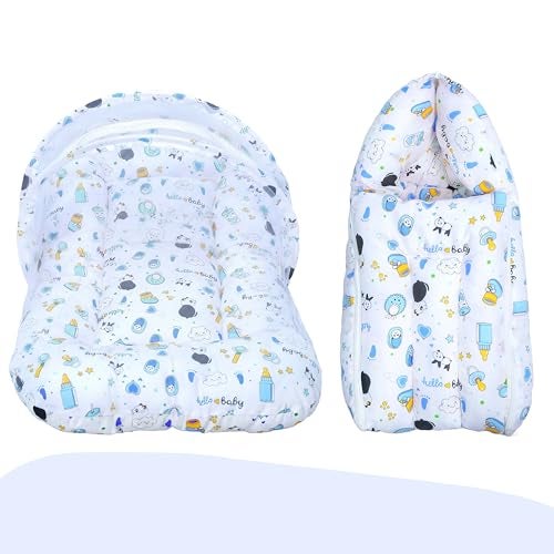 Infans Mini Cotton Baby Bedding Set for New Born Baby Sleeping Bag, Mosquito Net Bed Suitable Upto 6 Months Babies (Panda Blue), 500 TC - Image 1