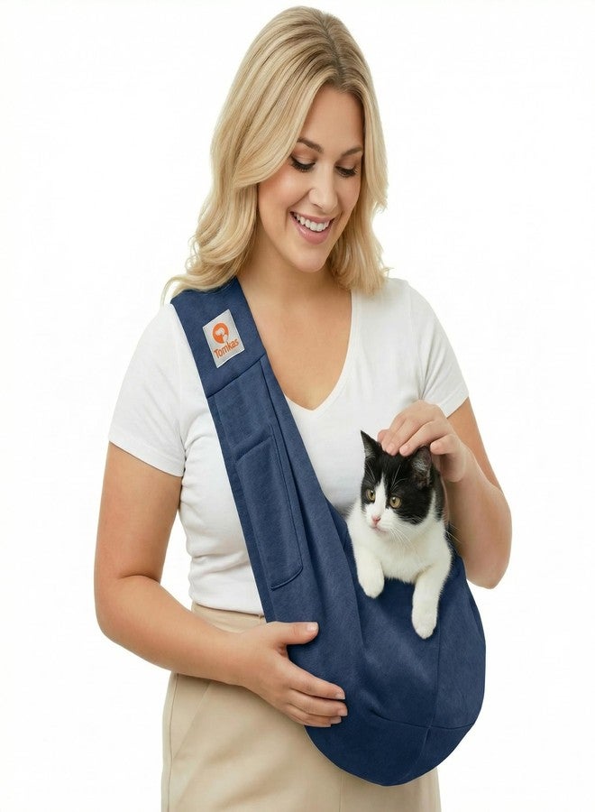Tomkas Small Dog Cat Sling Carrier Puppy Purse Travel Wrap Soft Crossbody Pet Bag (Dark Blue, M - Classic Pocket & Classic Strap) - Image 1