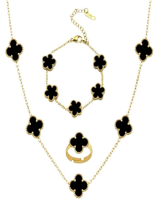 Okos Gold Plated Black Clover Jewellery Set Combo for Women & Girls | Necklace, Bracelet, Ring & Stud Earrings | Elegant Jewellery Everday Wear CO1000497BLK - Image 1