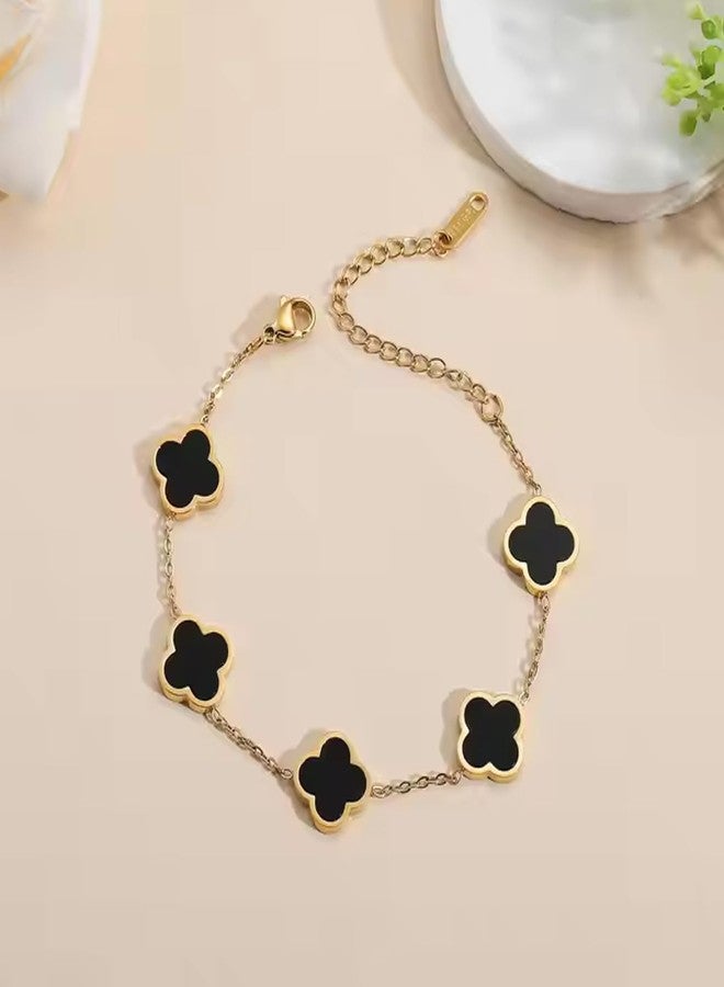 Okos Gold Plated Black Clover Jewellery Set Combo for Women & Girls | Necklace, Bracelet, Ring & Stud Earrings | Elegant Jewellery Everday Wear CO1000497BLK - Image 3