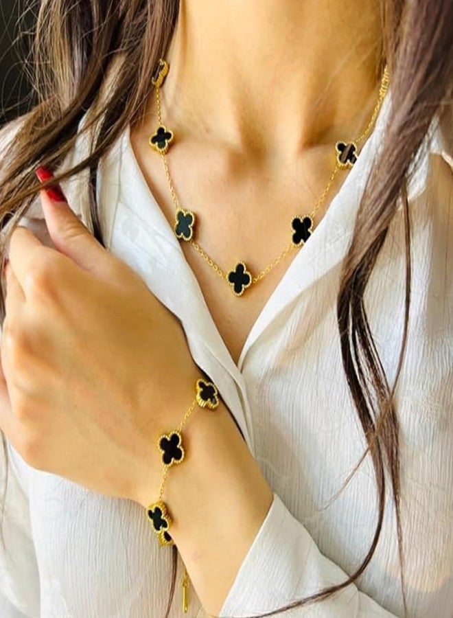 Okos Gold Plated Black Clover Jewellery Set Combo for Women & Girls | Necklace, Bracelet, Ring & Stud Earrings | Elegant Jewellery Everday Wear CO1000497BLK - Image 4