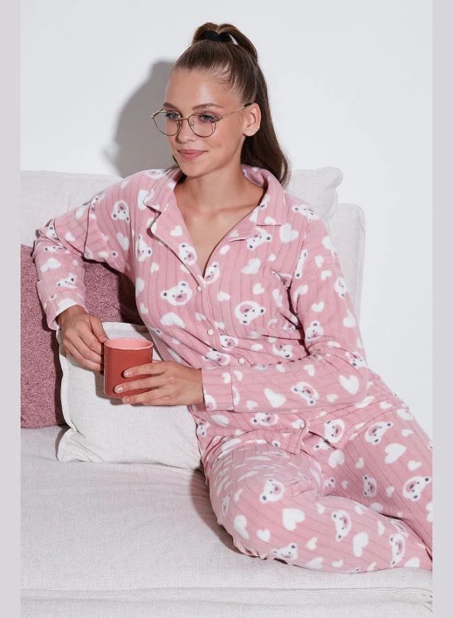 ليلا طقم بيجامة نسائي من الفليس بقصة قياسية بأزرار