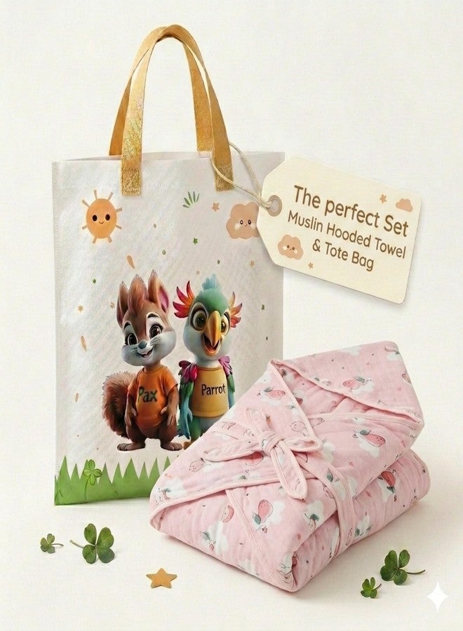 PAX PARROT Premium 6-Layer Muslin Baby Hooded Bathrobe Towel – Ultra Soft, Absorbent & Breathable Bath Towel with Cute Animal Design for Newborns & Toddlers (0–5 Years), 90×80 cm (Pink) - Image 1