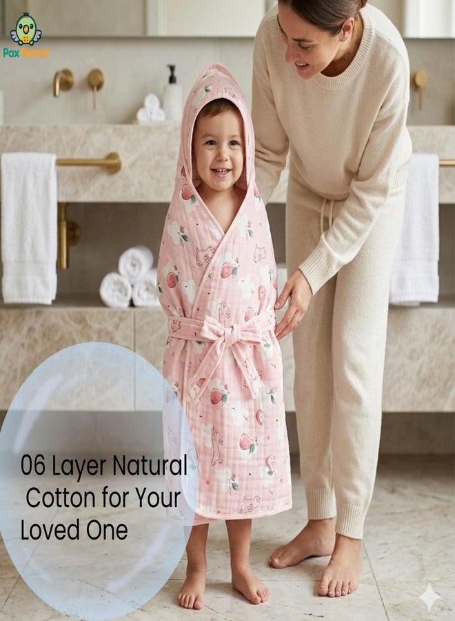 PAX PARROT Premium 6-Layer Muslin Baby Hooded Bathrobe Towel – Ultra Soft, Absorbent & Breathable Bath Towel with Cute Animal Design for Newborns & Toddlers (0–5 Years), 90×80 cm (Pink) - Image 2